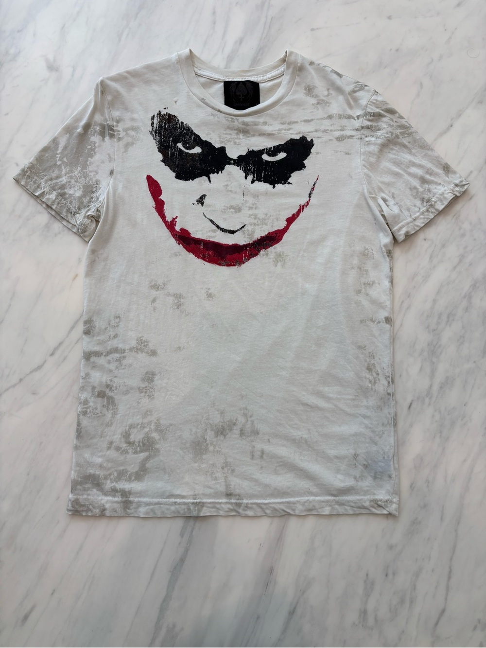 Heath Ledger Salvage White Tee with Black and Red Joker Graphic